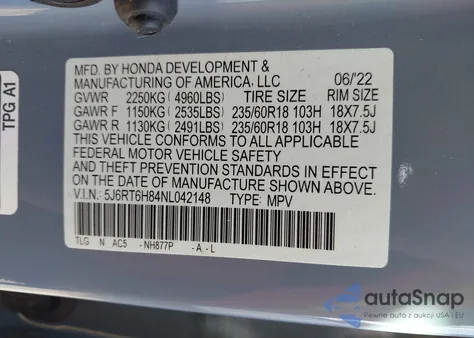 2022 Honda Cr-V Hybrid Ex-L из США, поврежденный, VIN 5J6RT6H84NL042148